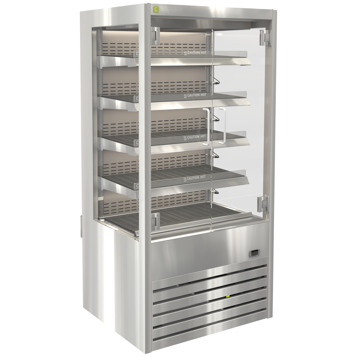 Stainless steel commercial refrigerator with multiple shelves on a white background