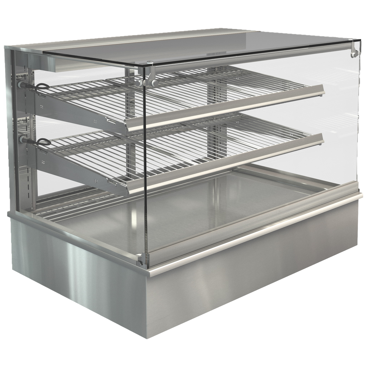 Stainless steel display case with glass top on a white background