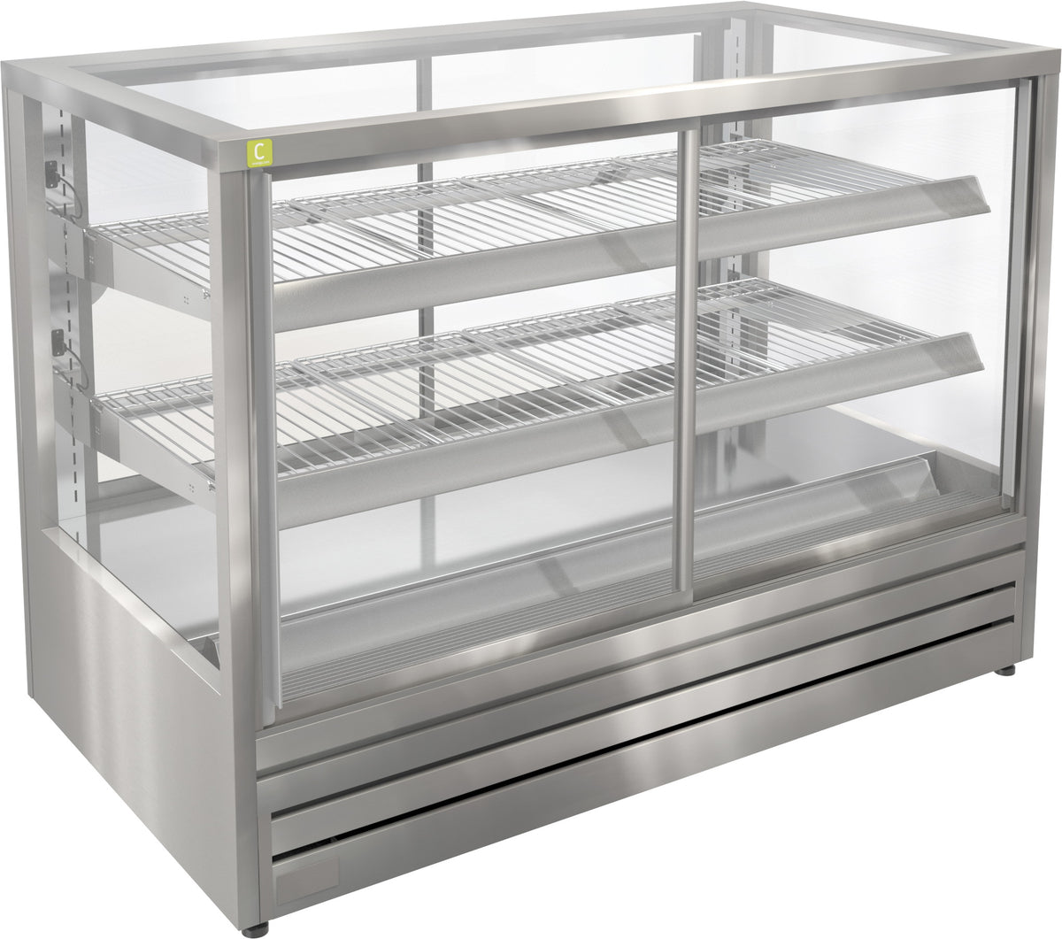 A stainless steel commercial display case with three wire shelves and glass sliding doors, shown on a plain white background.
