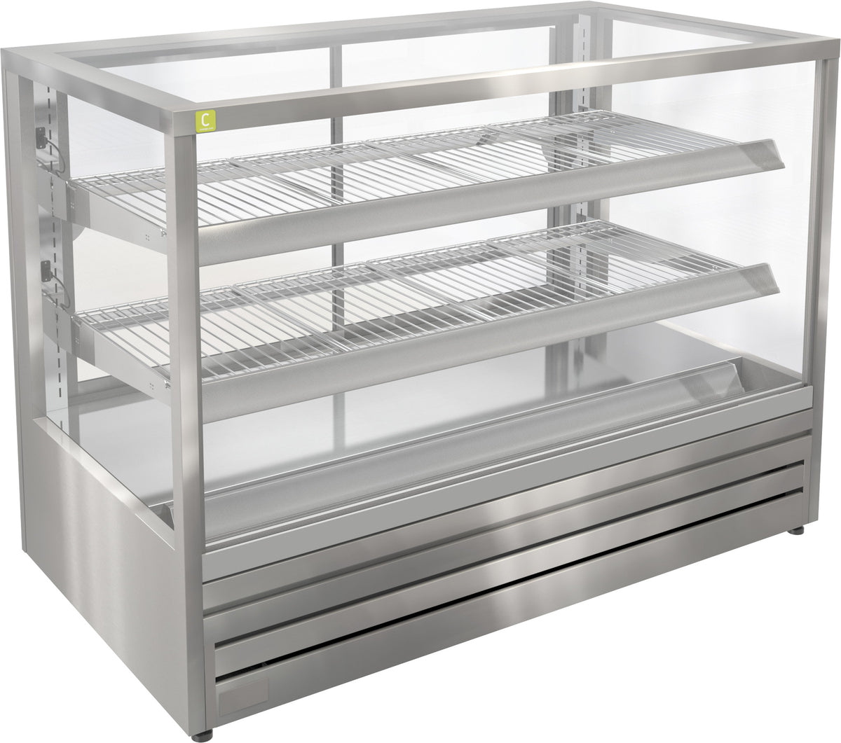 A stainless steel commercial display case with three wire shelves and clear glass front panels, shown on a plain white background.