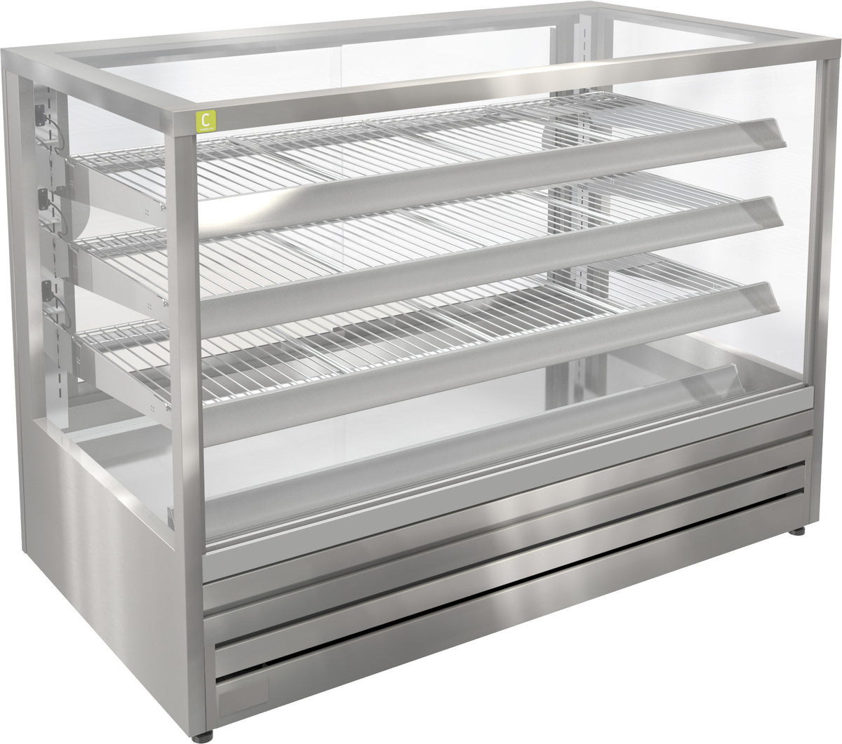 A stainless steel commercial display case with three wire shelves, glass front panels, and a slotted bottom vented base, shown on a plain white background.