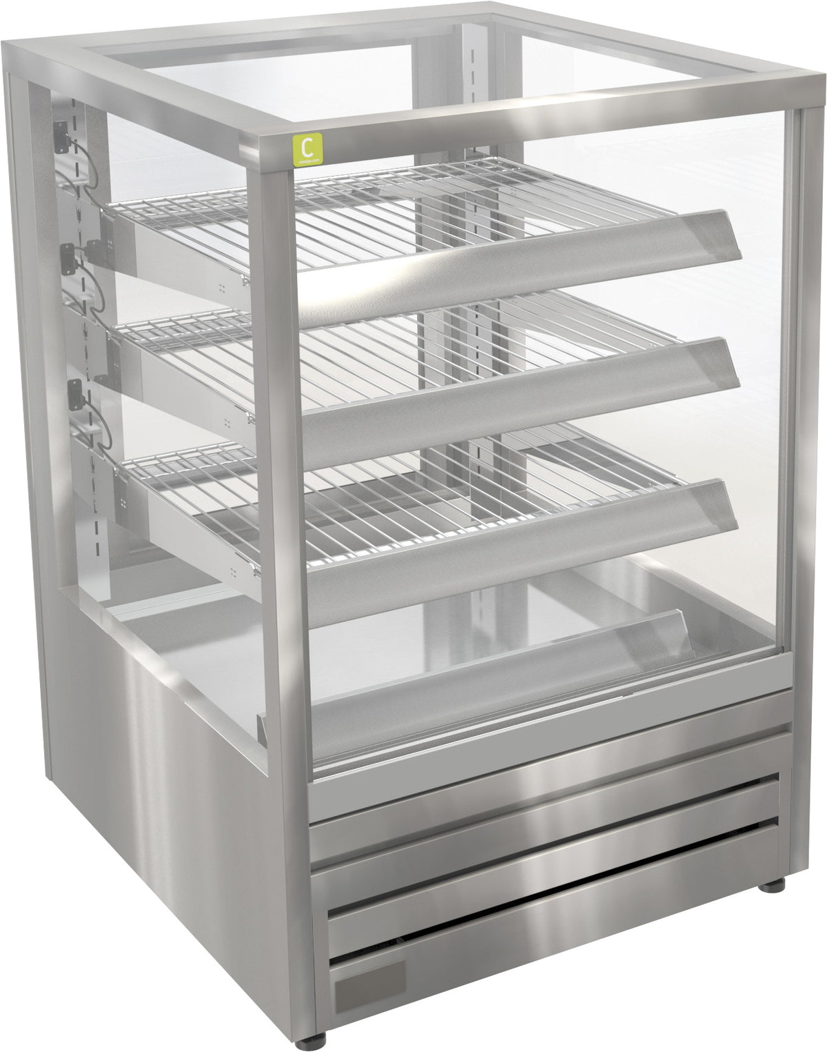 A stainless steel commercial display case with three wire shelves and clear glass doors, shown on a plain white background.
