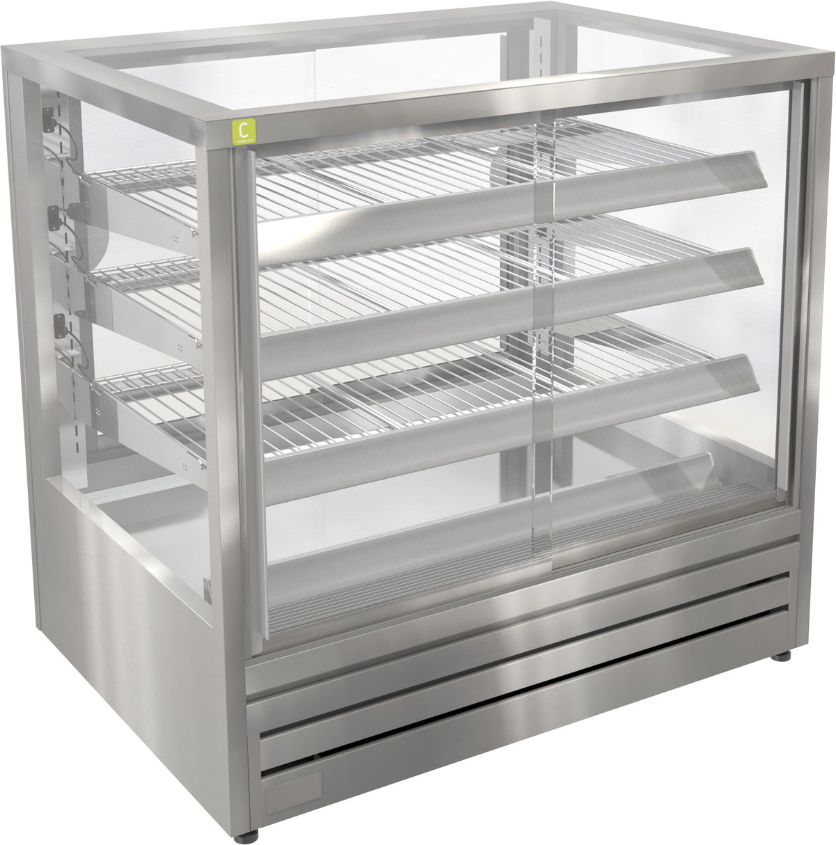 A stainless steel commercial food display case with glass doors and three wire shelves, shown on a plain white background.