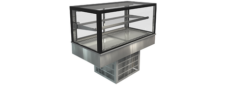 Stainless steel display case with glass top on a white background