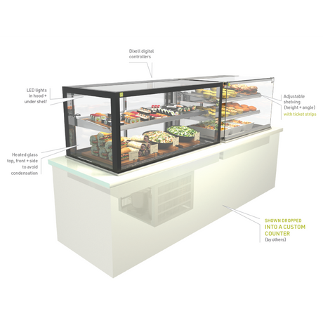 Streamlined glass-on-glass with a low height profile delivers stunning food visibility