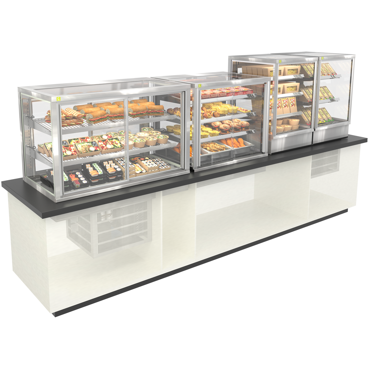 Glass display case with metal shelves on a white background