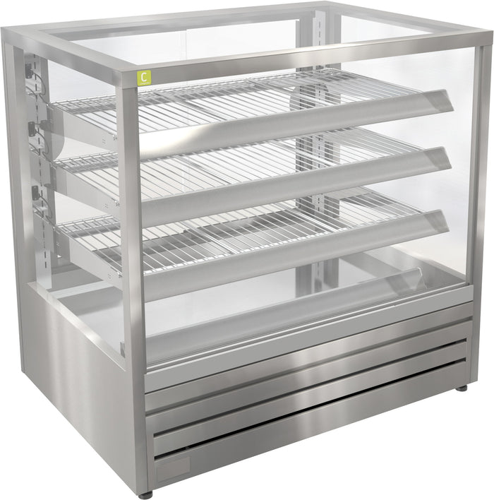 A stainless steel commercial display case with three wire shelves, glass front panels, and a bottom vented grille, shown on a plain white background.